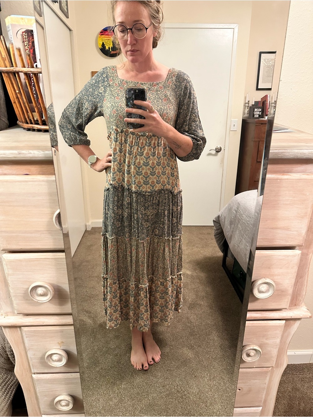 NATURAL LIFE Floral Patchwork Tiered Maxi Dress - Gray & Cream - Picture 7 of 8